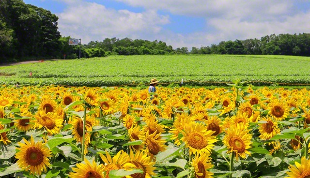 どこか懐かしさや夏の憂いを感じさせるヒマワリたち。花言葉は「あなただけを見つめる」（7月22日、北竜町、後藤美江）